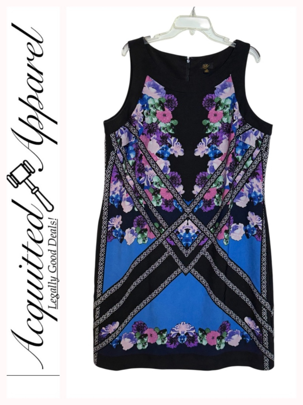 ILE New York Floral Geo Shift Sleeveless Dress in Black & Blue 18W